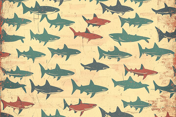Hand-drawn miniature sharks forming a repeated pattern across a vintage wallpaper, low contrast with retro coloring