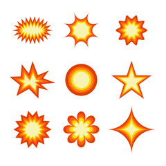 Bright Comic Explosion Elements Set Vector Illustration. A colorful vector set of nine comic style explosion and burst shapes arranged in a 3x3 grid.