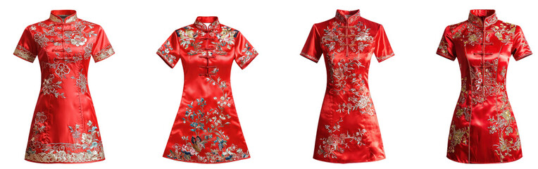 A beautiful red silk Cheongsam dress with intricate embroidery, isolated on a transparency background