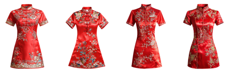 A beautiful red silk Cheongsam dress with intricate embroidery, isolated on a transparency background