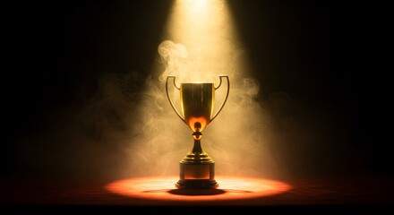 A golden trophy stands in a spotlight with smoke symbolizing victory and achievement in a dramatic atmosphere