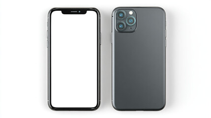 Two smartphones one with a blank white screen and the other showing the camera on a white background