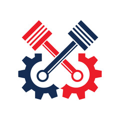 Two crossed pistons with gears in red and blue on white background engine motor