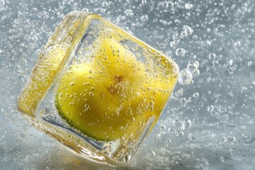 Frozen lime cube in water, bubbles
