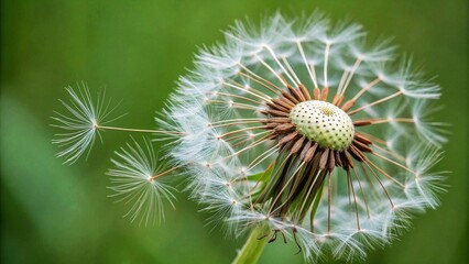 Closeup of Dandelion Seed Head with White and Brown Details Against Green Background