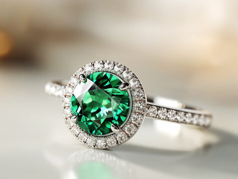 Elegant emerald ring sparkling on reflective surface