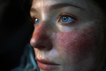 Obraz premium A close-up of a person's face with red, irritated skin on the cheeks and nose, highlighting visible pores and natural texture
