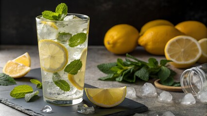 Fototapeta premium Lemon Mint Frost – Zesty Hydration and Clean Summer Appeal, Beverage, Conceptual, Lemonade, Mint, Ice Cubes, Dark Background