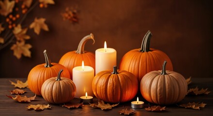 Autumnal still life with pumpkins and burning candles. Cozy fall decoration for Thanksgiving or Halloween on a dark background.