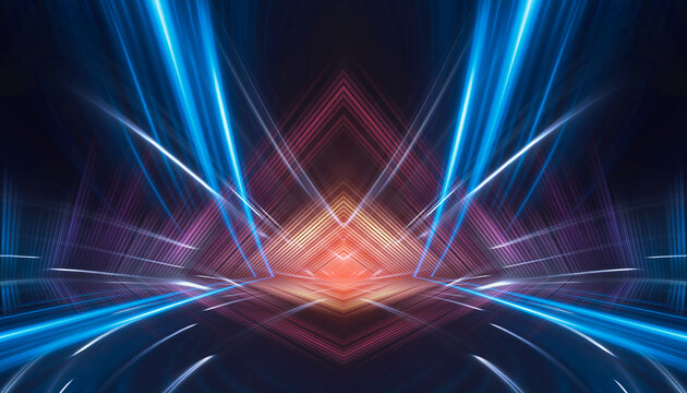 Abstract bright neon background scene with rays, spotlights, multi-colored background.