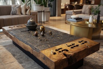 Modern living room coffee table with carved wooden top and gold accents