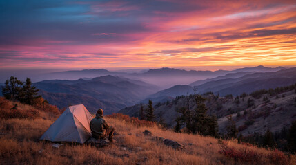 Person sitting near tent enjoying scenic mountain view at sunset with colorful sky and distant ridges