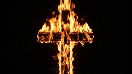 A wooden cross ablaze in a black dark setting with intense orange and yellow flames - Powered by Adobe
