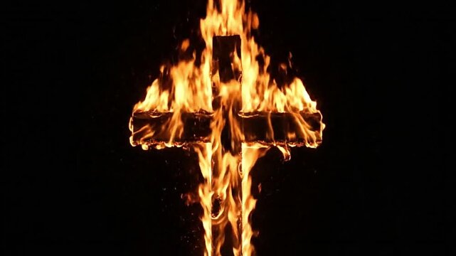 A wooden cross ablaze in a black dark setting with intense orange and yellow flames