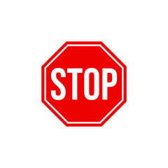 A bright red octagonal stop sign with white lettering and a white border on a clean white background