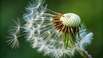Closeup of Dandelion Seed Head with White and Brown Details Against Green Background