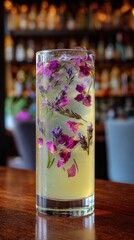 Floral, iced drink on bar top