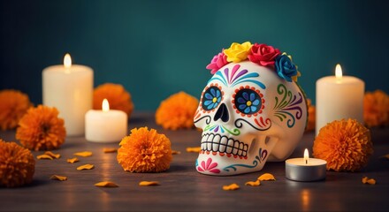 Decorated sugar skull on a Day of the Dead altar. Traditional Mexican Dia de los Muertos celebration with marigolds and candles.