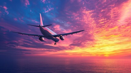 Fototapeta premium A commercial airplane flying over the ocean at sunset.