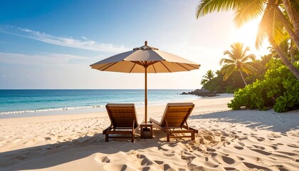 Tropical beach scene with two sun loungers and umbrella