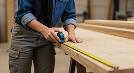 Close up of a female carpenter's hands measuring a wooden plank with a tape measure. Woman working in a carpentry workshop. DIY and construction concept.
