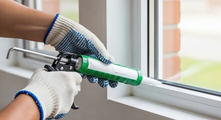 A person in gloves uses a caulking gun to apply sealant to a window frame. Home improvement, repair, and installation concept.