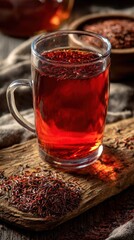 Red tea in glass mug, loose leaves