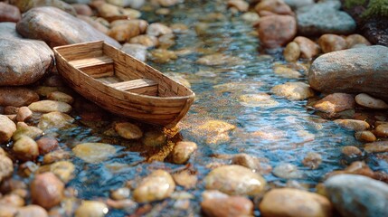 Wooden boat in a shallow stream, stones