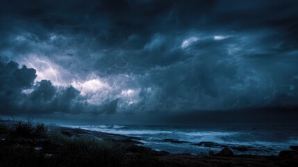Obraz premium The Storm Over Ocean with Lightning Illuminating Dramatic Clouds and Waves