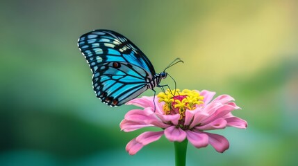 Naklejka premium Blue tiger butterfly resting on vibrant pink zinnia flower in lush green garden, highlighting pollination, delicate wing patterns, and natural biodiversity in summer daylight