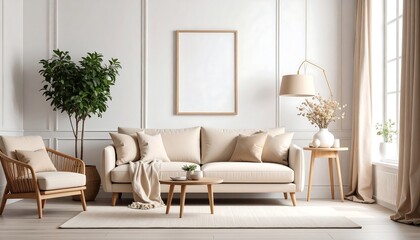 Beige living room with framed artwork