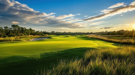 A serene golf course with a lush green fairway and a clear blue sky with scattered clouds, featuring a lone golf ball on the fairway and a distant green in the background.