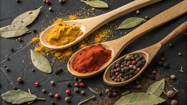 A close-up of three spoons containing different colorful spices, scattered on a rustic dark surface.