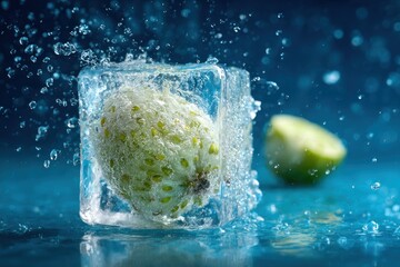 Frozen fruit cube with water splashes (1)