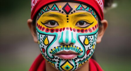 Portrait of a young person with elaborate and colorful symmetrical face paint. Traditional cultural art and festival makeup.