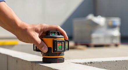 Construction worker using a modern laser level for precise measurement. Red laser line on a building site.