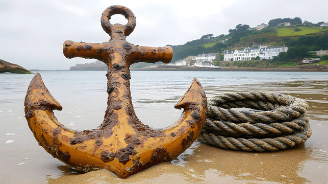 Rusty anchor and rope on a sandy beach with a coastal town in the background.