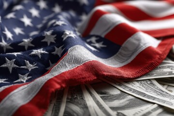 An American flag draped over a pile of U.S. dollar bills, symbolizing the connection between patriotism and finance