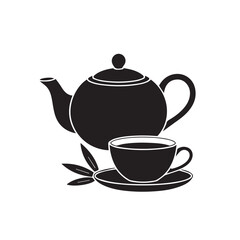 Simple black silhouette of a teapot and cup on a saucer with tea leaves suggesting a refreshing beverage