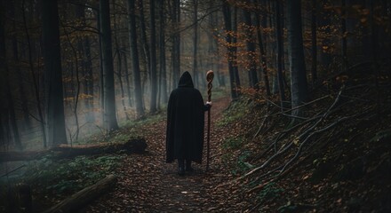 Mysterious cloaked figure with a staff walking on a path through a dark, foggy forest. Fantasy wizard on a journey in the woods.