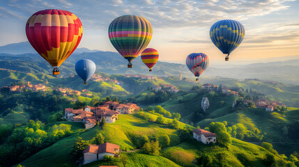 Fototapeta premium Several hot air balloons flying over a green hilly landscape with a village.