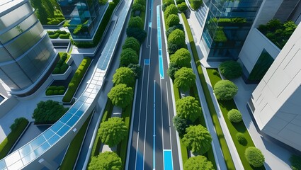 Obraz premium Aerial view of a modern city street with lush green trees and futuristic buildings