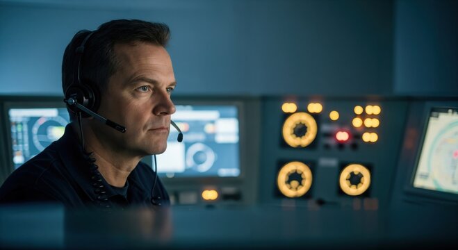 Serious Caucasian man with a headset working in a dark mission control room. Professional operator monitoring computer screens in a high-tech command center. - Powered by Adobe