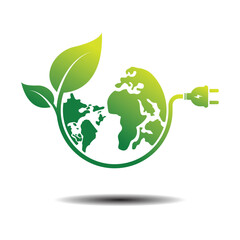Green eco electrical plug icon with earth. A sign of environmentally friendly and renewable electrical energy. Vector illustration