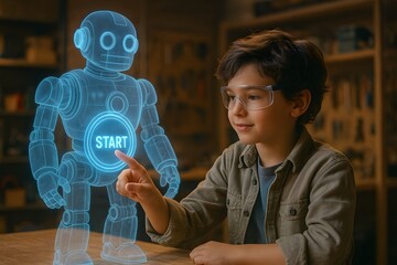 A boy interacting with a futuristic robot hologram, highlighting innovation and technological advancements