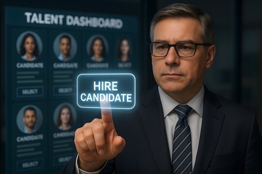 A business professional making a hire decision with a virtual touch screen panel