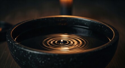 A single candle flame floats on water in a dark stone bowl, creating golden ripples. A tranquil, meditative, and spiritual concept for mindfulness and relaxation.