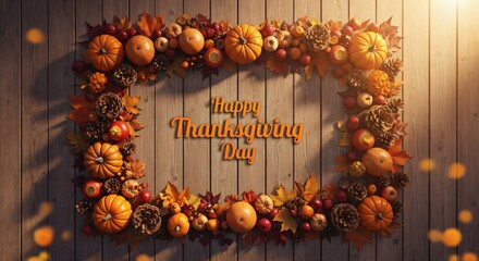 Happy Thanksgiving Day. Autumnal wreath with pumpkins, pinecones, and leaves on a wooden background.