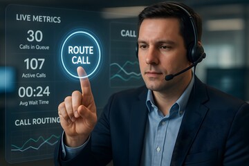 A customer service representative with a headset interacts with a virtual interface displaying call metrics and routing options
