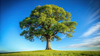 Fototapeta premium Majestic Oak Tree Standing Alone on a Verdant Hill Under a Vivid Blue Sky